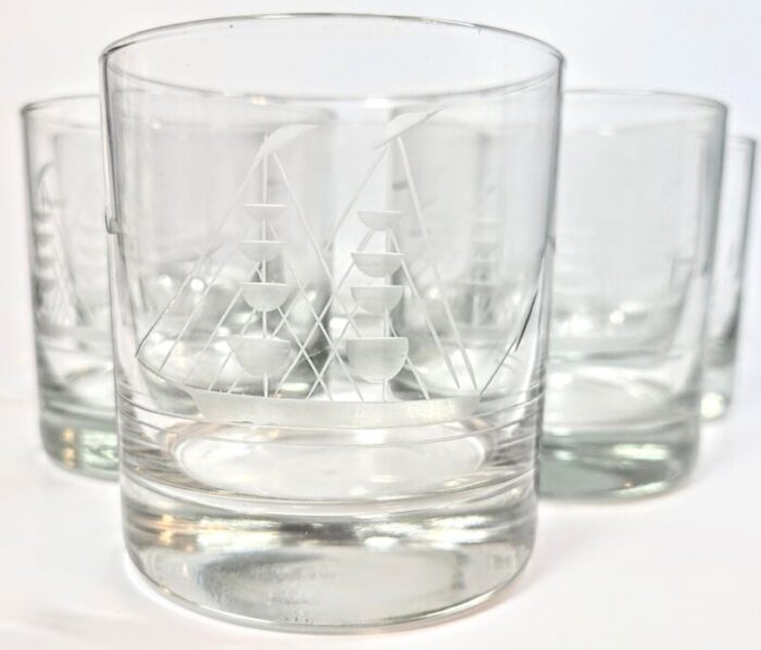 hand etched sailboat lowballs set of six 4567