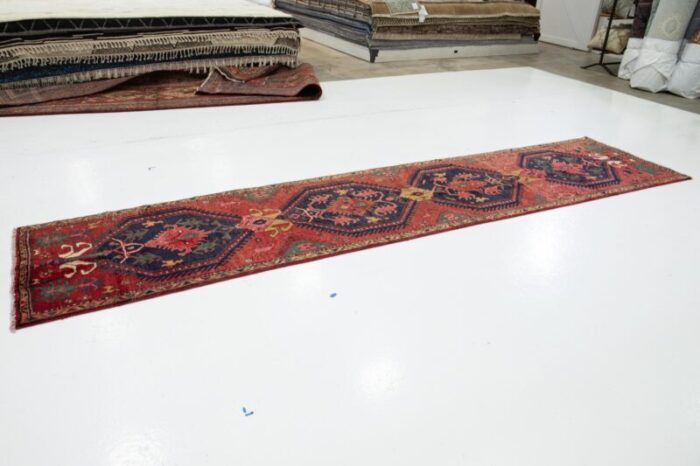 handmade red vintage heriz wool runner with tribal design 3124