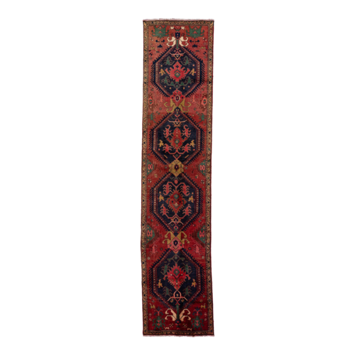 handmade red vintage heriz wool runner with tribal design 9181