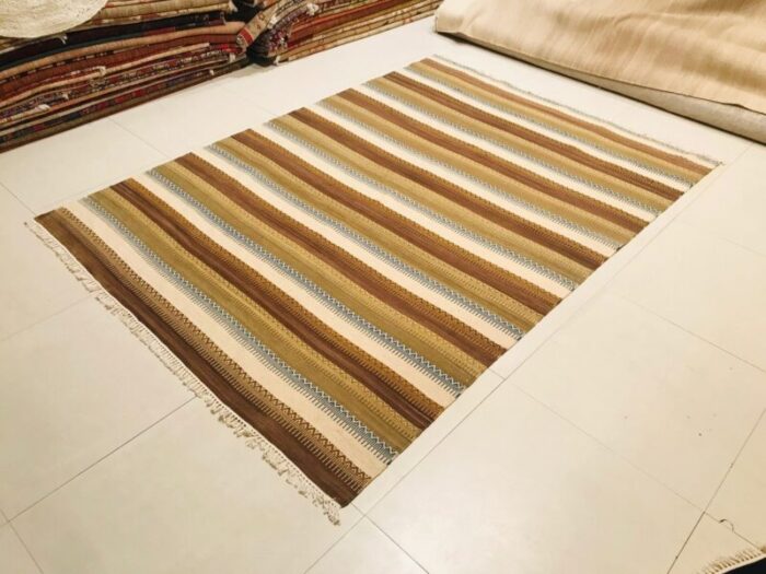 handwoven cotton and wool ocher beige and blue kilim carpet 1970s 12