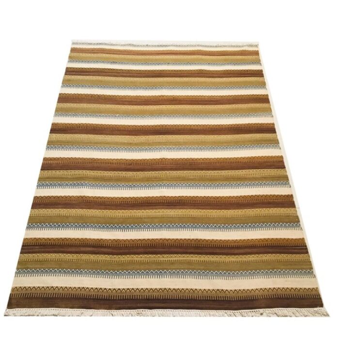 handwoven cotton and wool ocher beige and blue kilim carpet 1970s 2