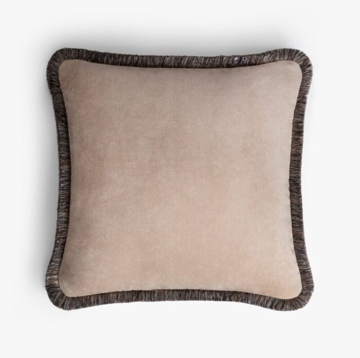 happy pillow soft velvet cushion with cappuccino grey fringes by lorenza briola for lo decor 1