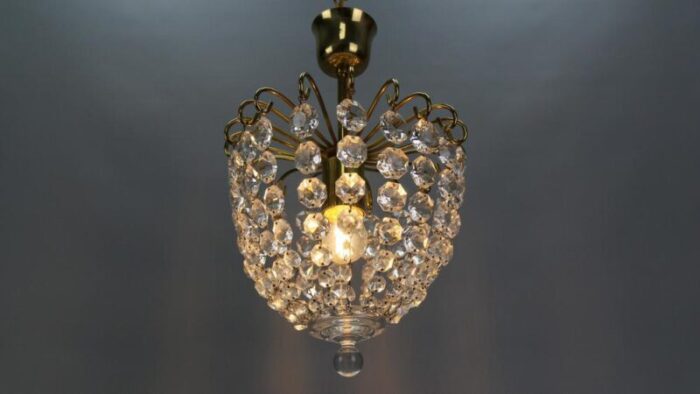 hollywood regency crystal glass and brass pendant chandelier germany 1970s 1009