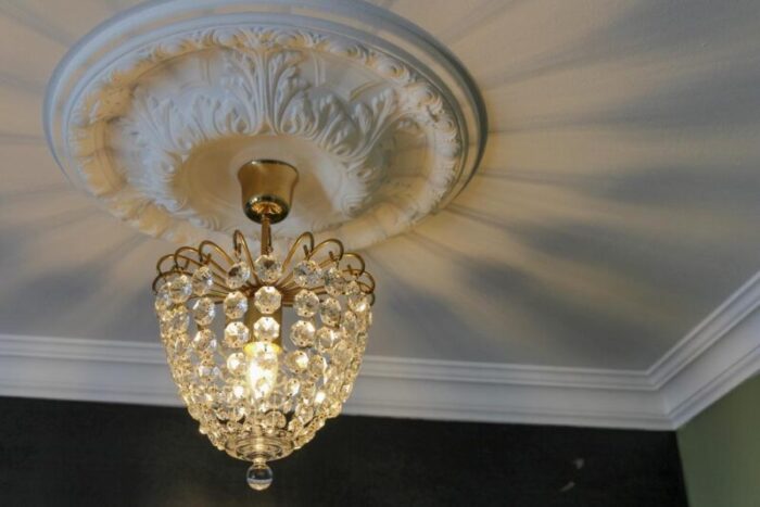 hollywood regency crystal glass and brass pendant chandelier germany 1970s 3837