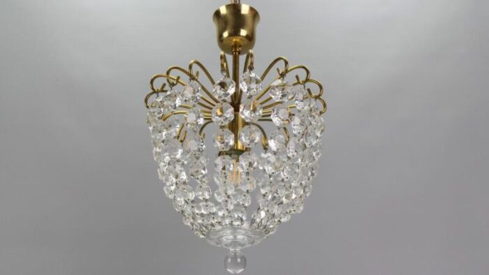 hollywood regency crystal glass and brass pendant chandelier germany 1970s 7780