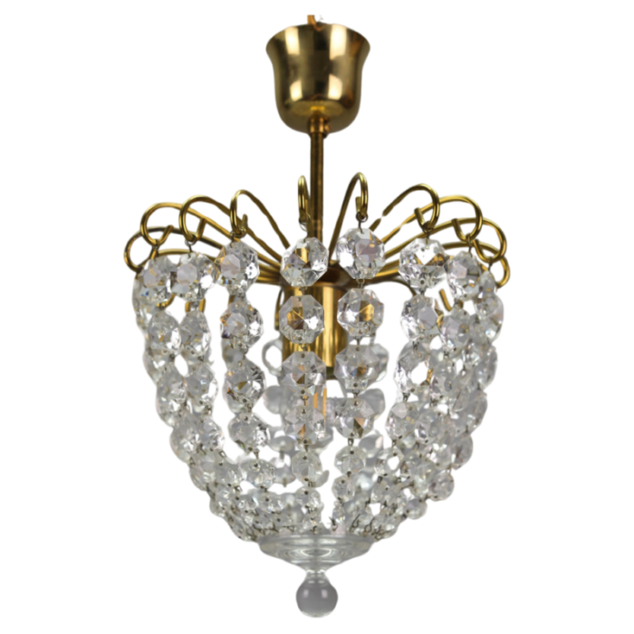 hollywood regency crystal glass and brass pendant chandelier germany 1970s 8808