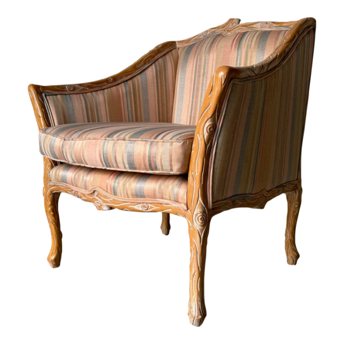 hollywood regency faux bois carved wood frame lounge arm club chair 8406