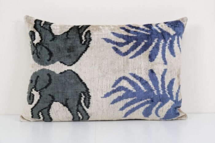 ikat silk lumbar cushion cover with elephant design 1