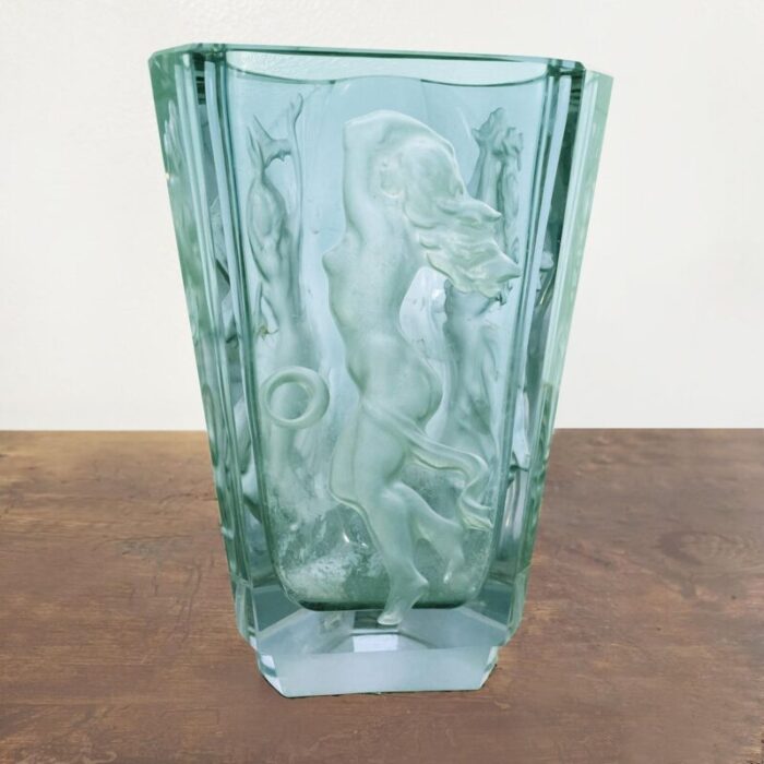 italian art deco green blue alexandrite glass vase with female figure 1900s 3