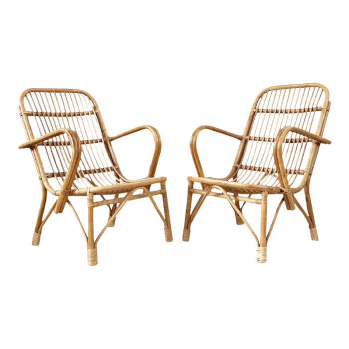 italian franco albini attributed designer mid century 1960s bamboo woven lounge chairs a pair 1124