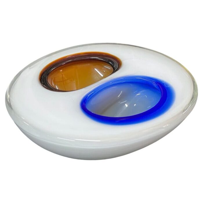 italian white amber and blue submerged murano glass bowl by flavio poli 1970s 1