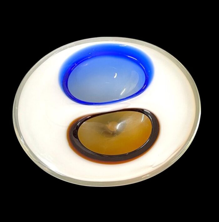 italian white amber and blue submerged murano glass bowl by flavio poli 1970s 10