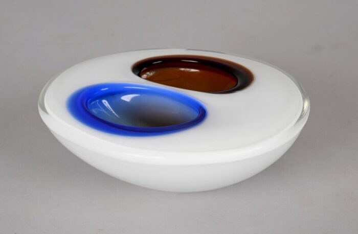 italian white amber and blue submerged murano glass bowl by flavio poli 1970s 13