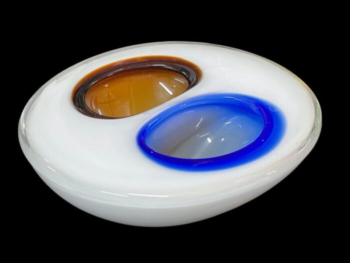 italian white amber and blue submerged murano glass bowl by flavio poli 1970s 14