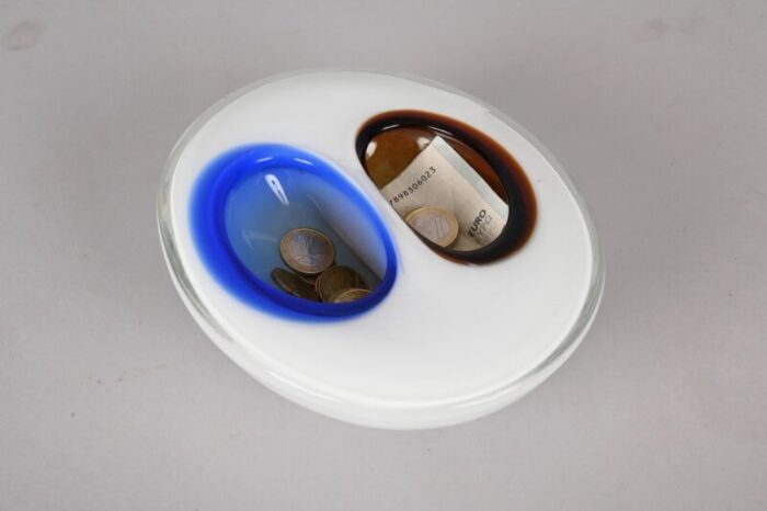 italian white amber and blue submerged murano glass bowl by flavio poli 1970s 17