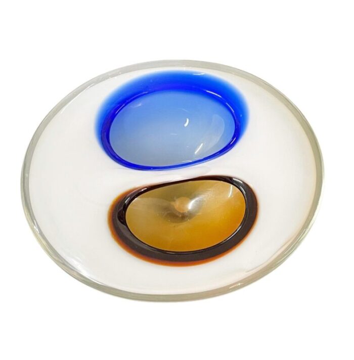 italian white amber and blue submerged murano glass bowl by flavio poli 1970s 2