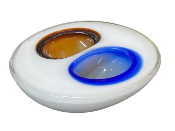 italian white amber and blue submerged murano glass bowl by flavio poli 1970s 4