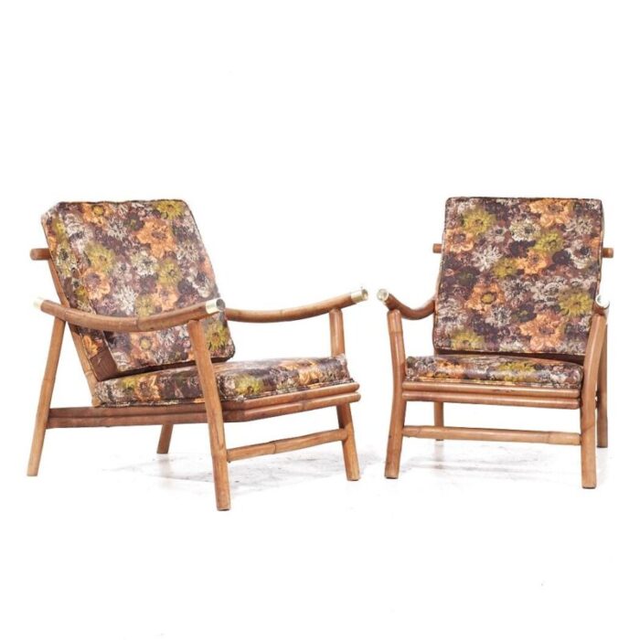 john wisner for ficks reed mid century brass and rattan pagoda lounge chairs pair 6460