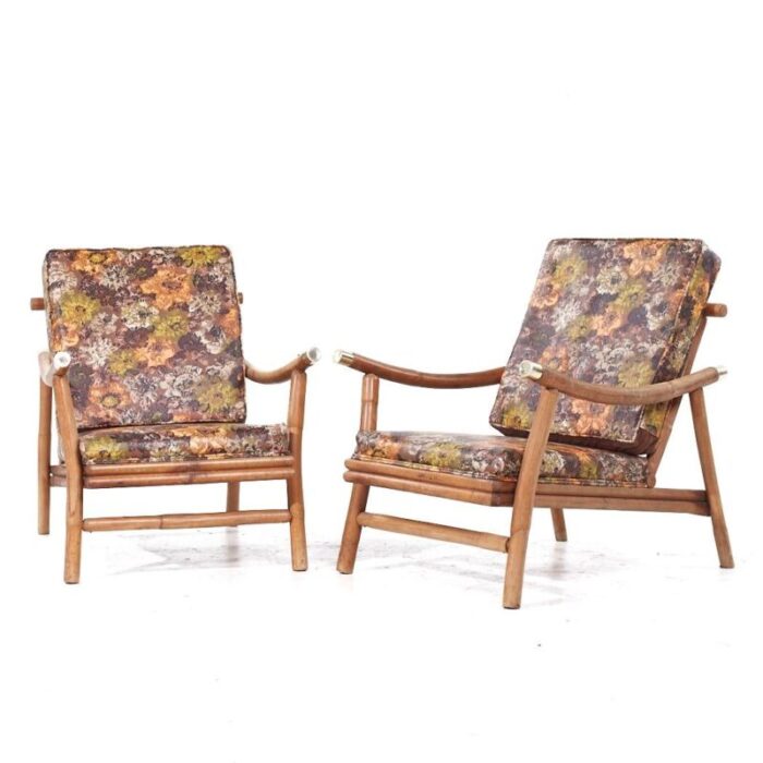 john wisner for ficks reed mid century brass and rattan pagoda lounge chairs pair 7949