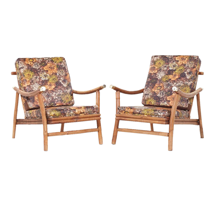 john wisner for ficks reed mid century brass and rattan pagoda lounge chairs pair 9068