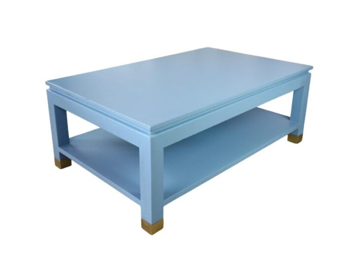 karl springer style modern light blue raffia coffee table with four brass sabot 1495