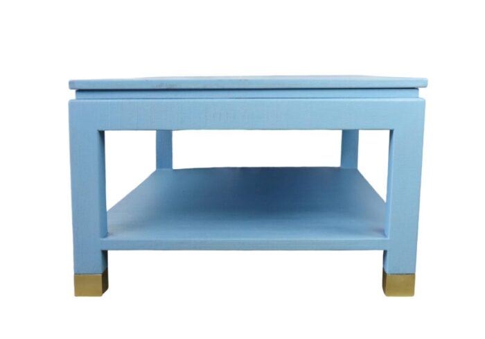 karl springer style modern light blue raffia coffee table with four brass sabot 1796