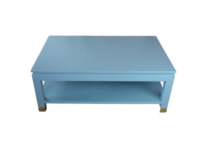 karl springer style modern light blue raffia coffee table with four brass sabot 1825