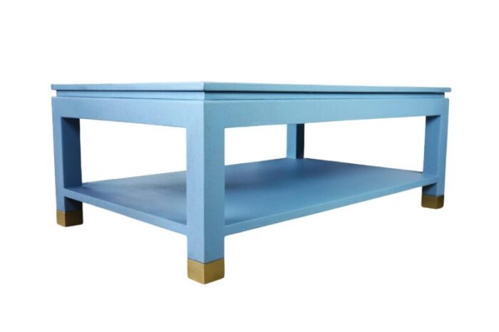 karl springer style modern light blue raffia coffee table with four brass sabot 2064