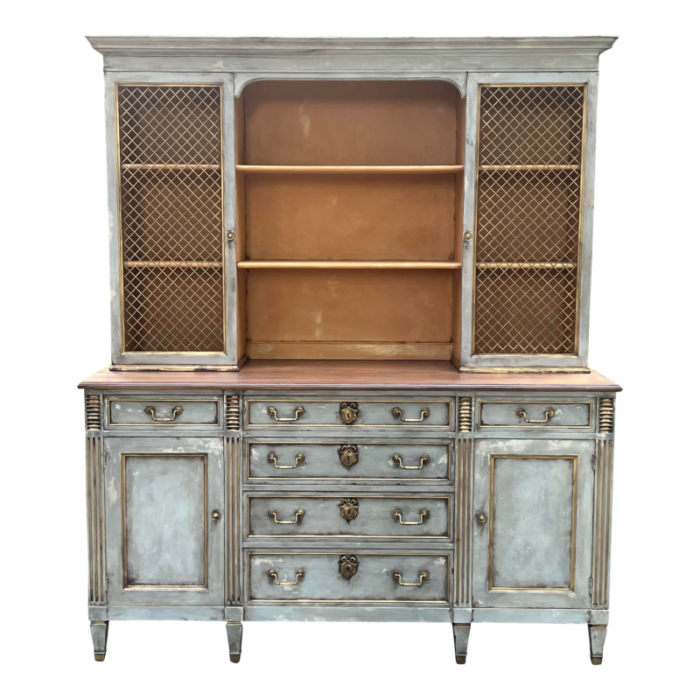 kindel cherry french regency gustavian grey hand painted rustic patina hutch 5830