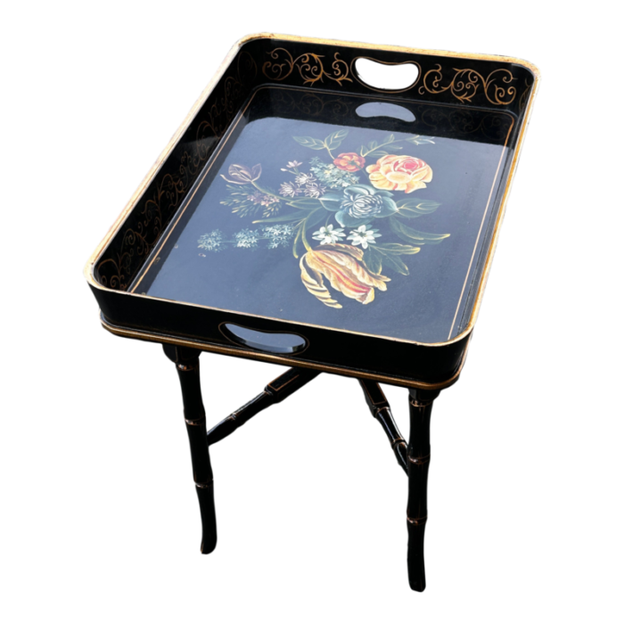 lacquered asian tray table floral hand painted folding large chinoserie 6333