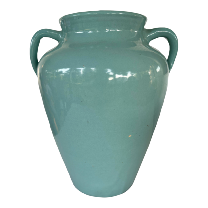 large 1920s zanesville pottery stoneware turquoise green urn floor vase arts and crafts coastal 1379