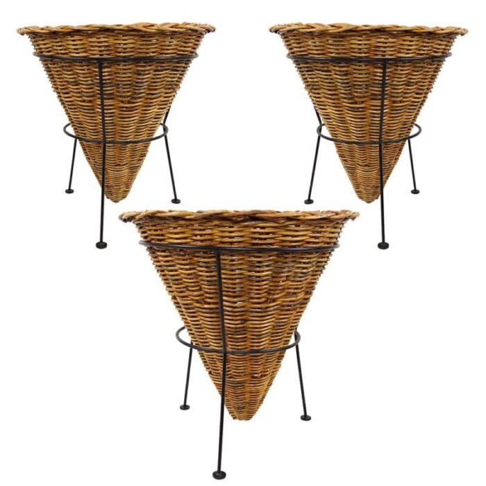 large black metal frame wicker baskets 1950s set of 3 1