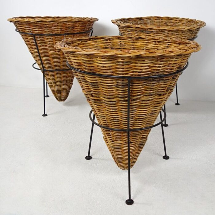 large black metal frame wicker baskets 1950s set of 3 6