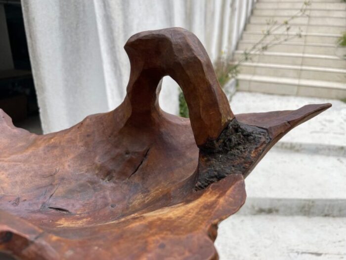 large brutalist wood bowl in brown patina france 1960s 5