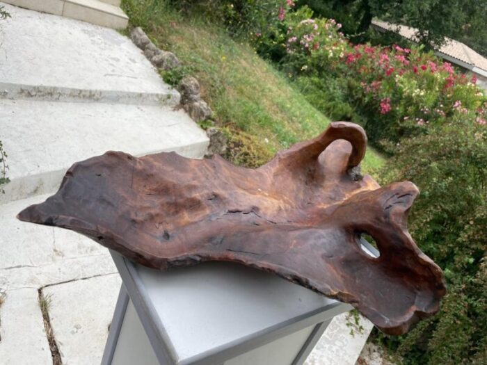 large brutalist wood bowl in brown patina france 1960s 8