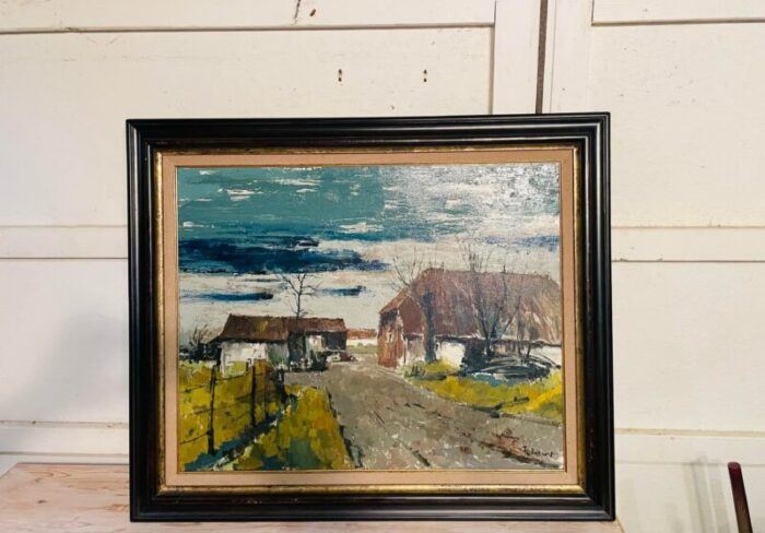 large framed signed oil on canvas of farm house countryside 7492