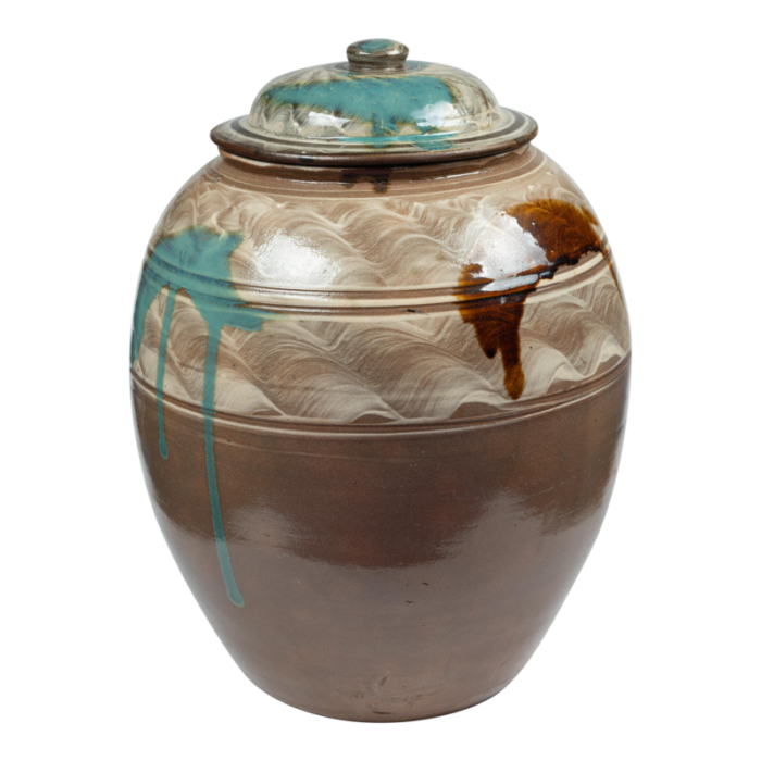 large mid 20th century onta jar with hakeme brush and two colour uchikake splash decoration 2160