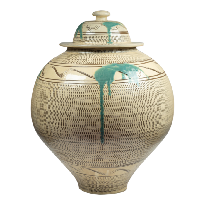 large mid 20th century onta water jar with chatter marks and green uchikake splash decoration 9135