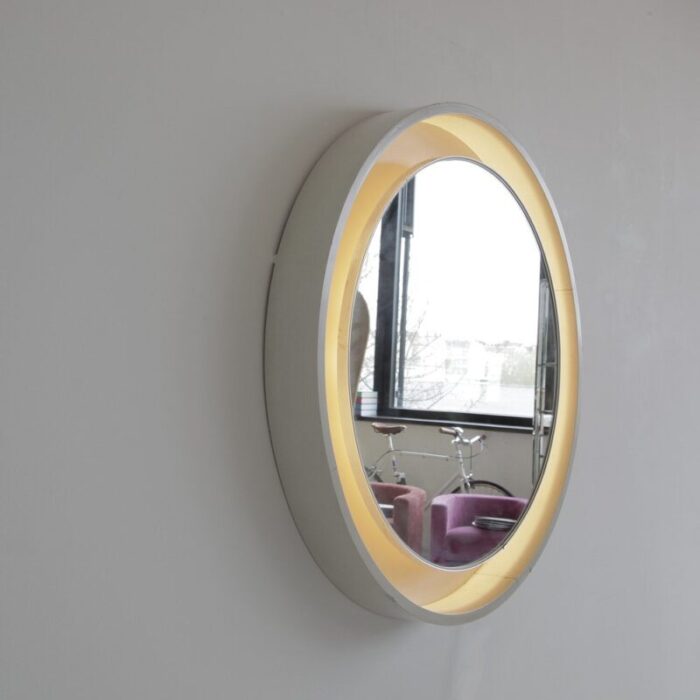 large round illuminated wooden mirror 1970s 1