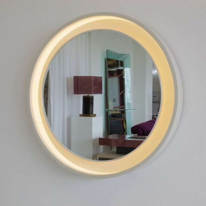 large round illuminated wooden mirror 1970s 3