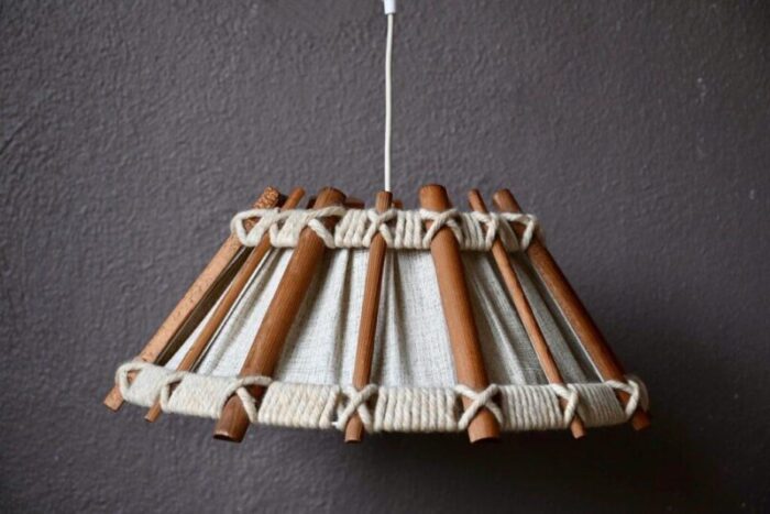 large scandinavian ceiling light in canvas and wood 1970s 3599