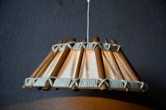 large scandinavian ceiling light in canvas and wood 1970s 3657