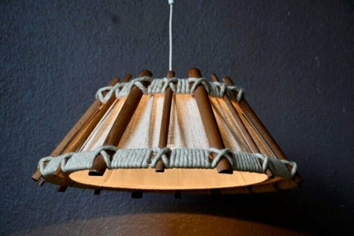 large scandinavian ceiling light in canvas and wood 1970s 3859