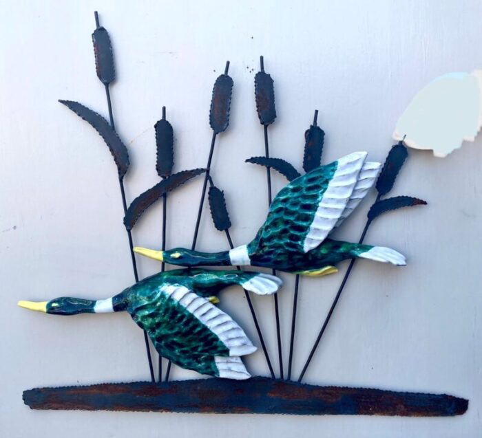 large vintage wrought metal wall sculpture with birds 1970s 1