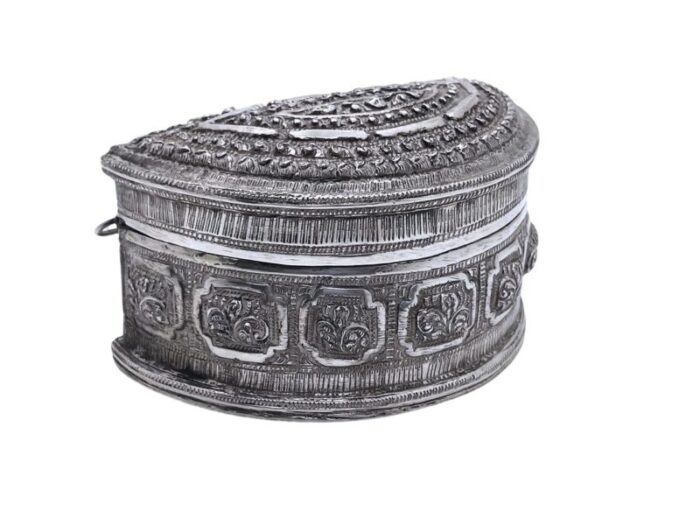 late 19th century antique silver half moon burmese shan lime box 0034