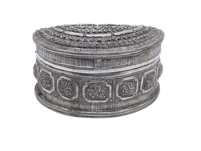 late 19th century antique silver half moon burmese shan lime box 8504