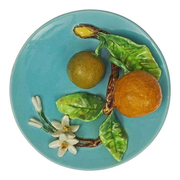 late 19th century menton majolica orange trompe loeil barbotine french riviera cote dazur majolica wall plate 3392