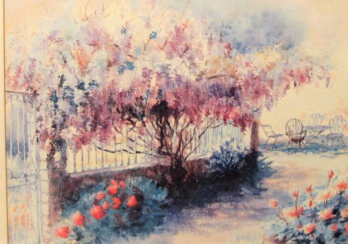 late 20th century aquarelle painting french summer garden by j louchet janny framed 0393