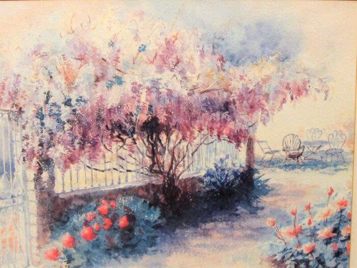 late 20th century aquarelle painting french summer garden by j louchet janny framed 5836