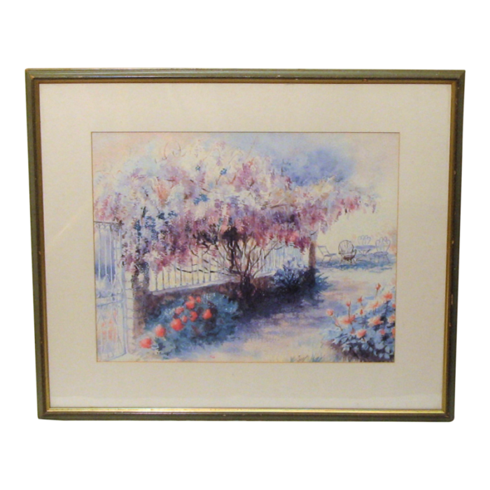 late 20th century aquarelle painting french summer garden by j louchet janny framed 9976